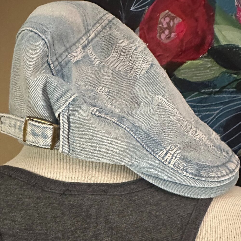 Denim Distressed Adjustable Flat Cap - image 6